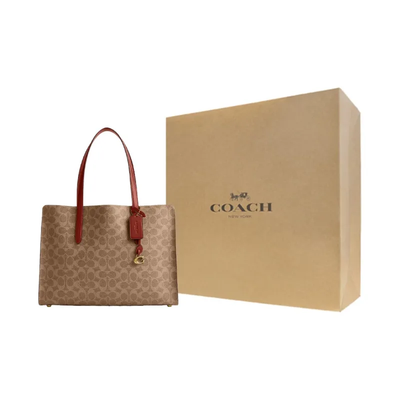 COACH Canvas With Calfskin Tote Bag, Shopping Bag, One Shoulder Handbag Large Size Women's Brown-0