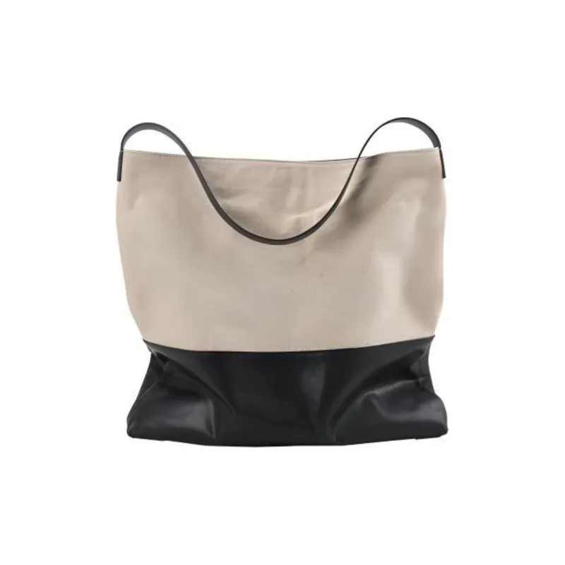 YOCAMU Top Grain Cow Leather Patchwork Canvas Shoulder Bag Unisex Black White-3