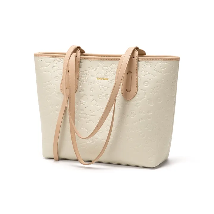 Simvay Clos Cow Leather Shoulder Bag Tote Bag Shopping Bag Large Size Women's Comic Khaki White-1