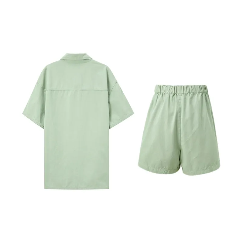3COLOUR Casual Suits Women's Clothing Sets Light Gray Green Shirt+Shorts-1