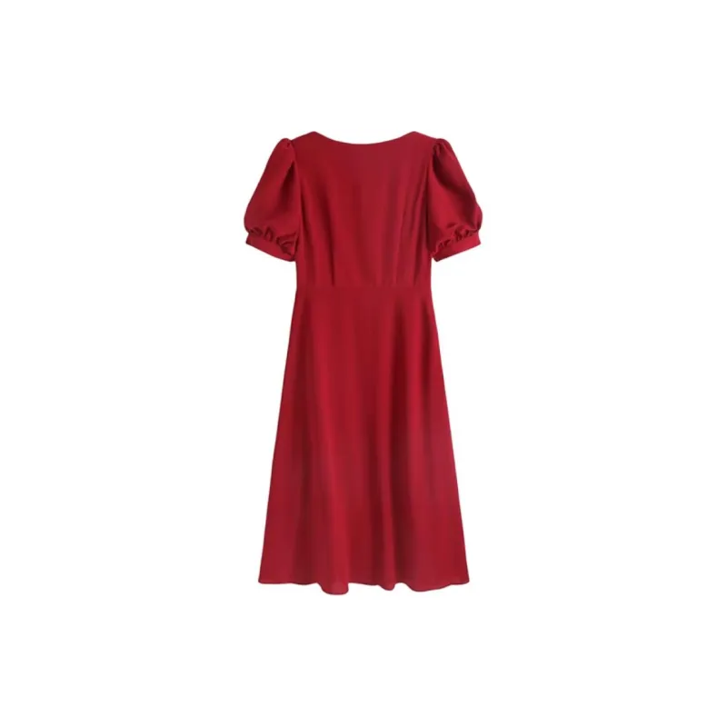 HUASJ Short Sleeved Dresses Women's Dark Red-1