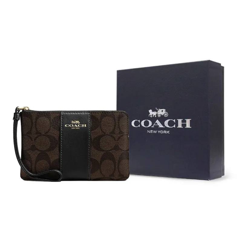 COACH Corner Zip Coated Canvas With Recycled Leather Clutch Small Size Women's Brown Black-3