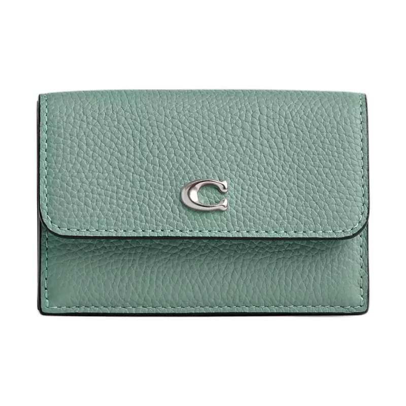COACH Trifold Wallet Eggstone Grain Leather Coin Purses Wallets Mini Women's Green-0