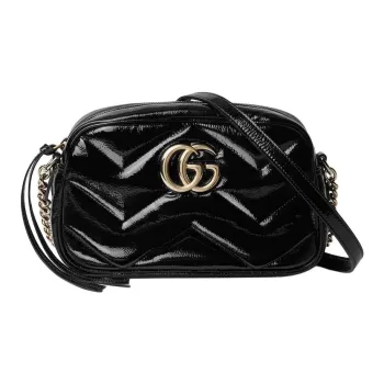 GUCCI Quilting V-Shape Pattern Patent Leather Shoulder Bag Crossbody Bag Small Size Women's Black