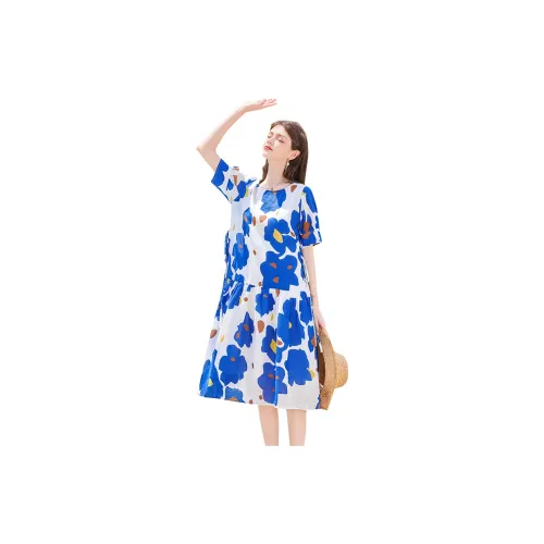 TOUCH Short-Sleeved Dresses Women's White Background With Blue Flowers