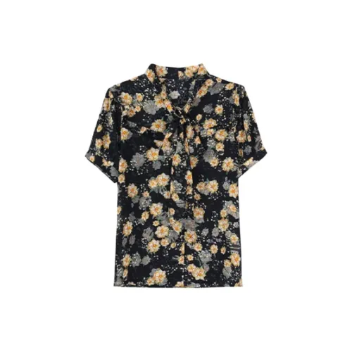 HUASJ Chiffon Shirts Women's Black Floral