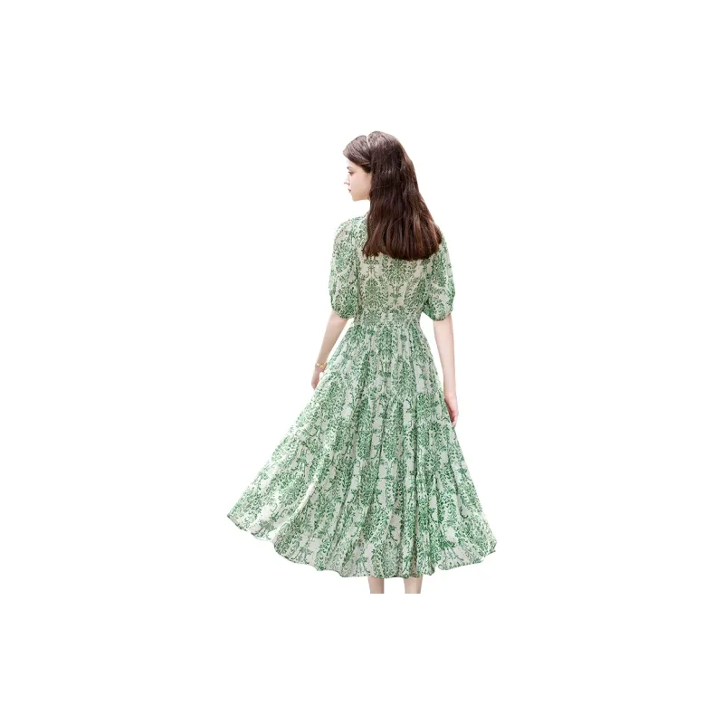 TOUCH Short Sleeved Dress With Collar Women's Beige With Green Print-1