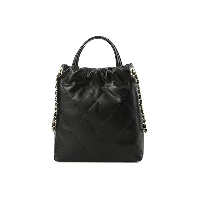 Why Genuine Leather One Shoulder Handbag Large Size Women's Black/Ecru-2