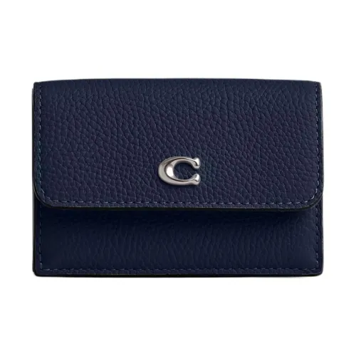 COACH Trifold Wallet Eggstone Grain Leather Coin Purses Wallets Mini Women's Dark Blue
