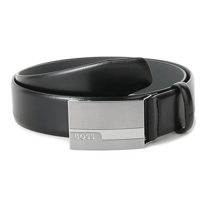 HUGO BOSS Logo Carving, Smooth Buckle Leather Belts Men's Black-0