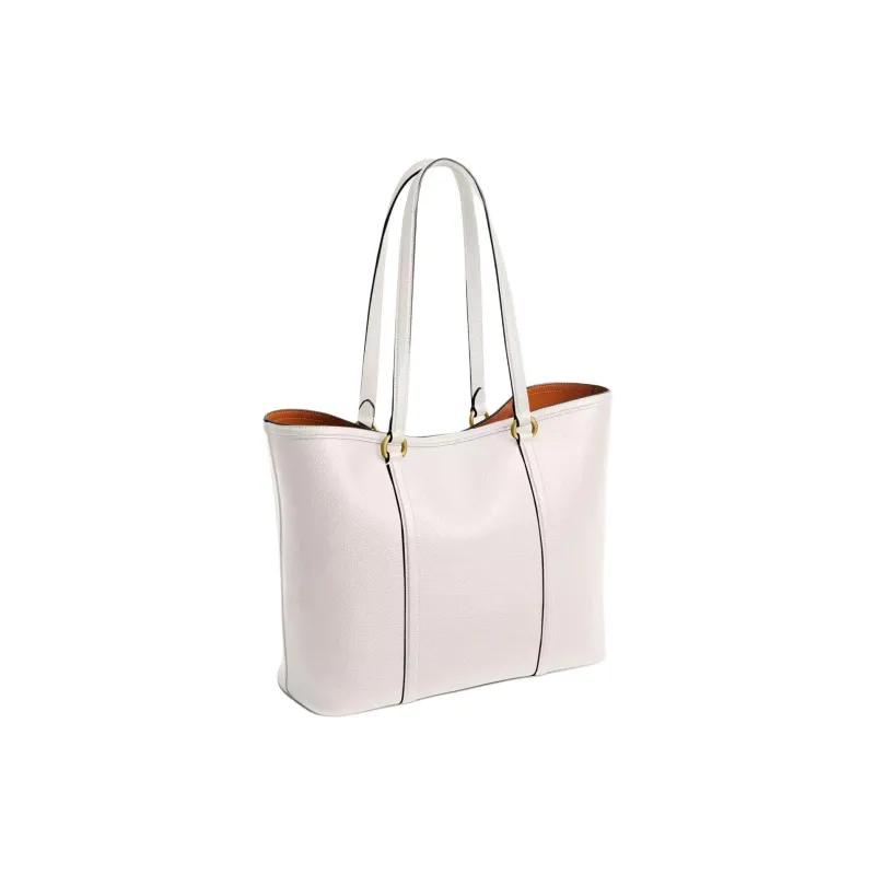 COACH Polished Pebble Leather Tote Bag, Shopping Bag, One Shoulder Handbag Tubas Women's Brass & White-1