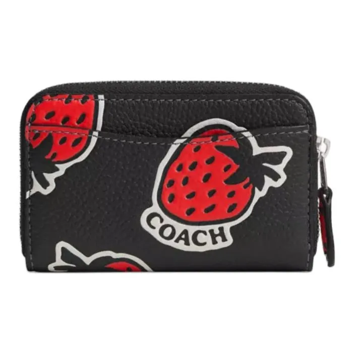 COACH Zip Around Polished Pebbled Leather Wallets Card Holders Small Size Women's Black Multicolor-1