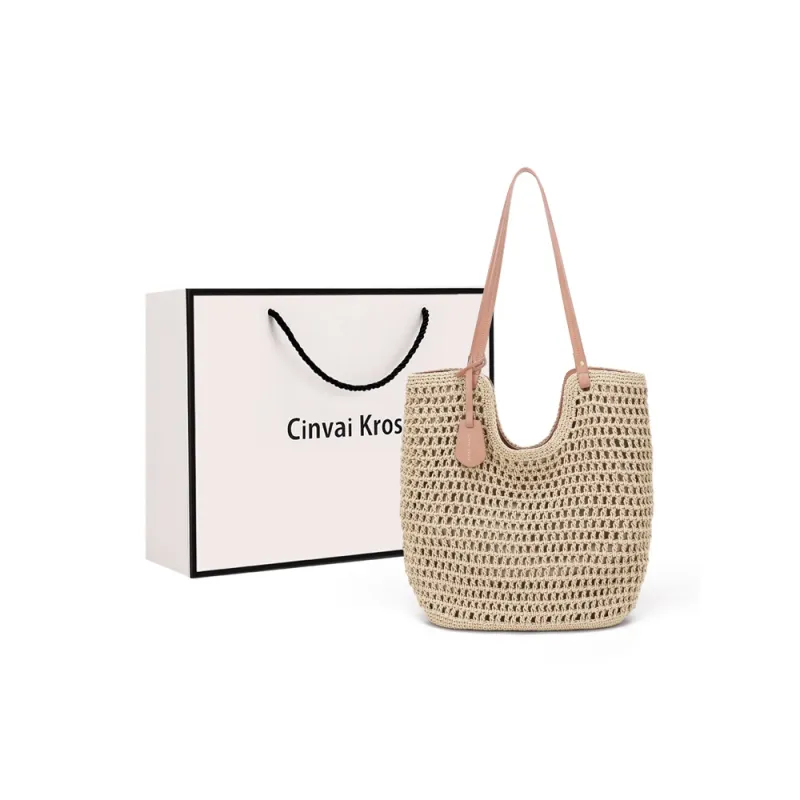 CinvaiKrose Yarn One Shoulder Tote Shopping Bag Portable Large Bag Large Size Women's Khaki-6