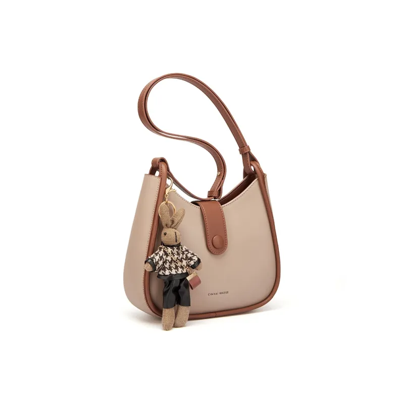 Simvay Clos Cowhide With Microfiber Shoulder Bag Crossbody Bag Crescent Bag Women's Apricot/Brown-1