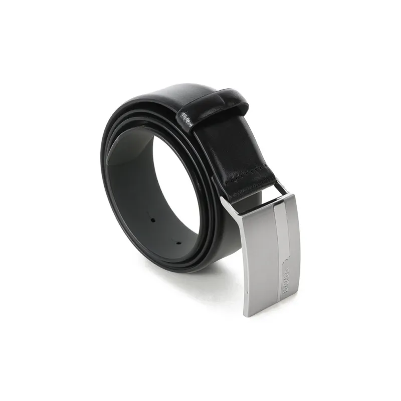 HUGO BOSS Logo Carving, Smooth Buckle Leather Belts Men's Black-3