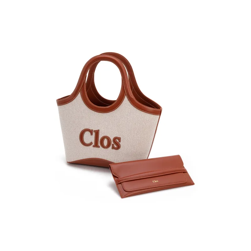 Clos Top Grain Cow Leather Handbag Regular Women's Canvas Brown Canvas Black-4