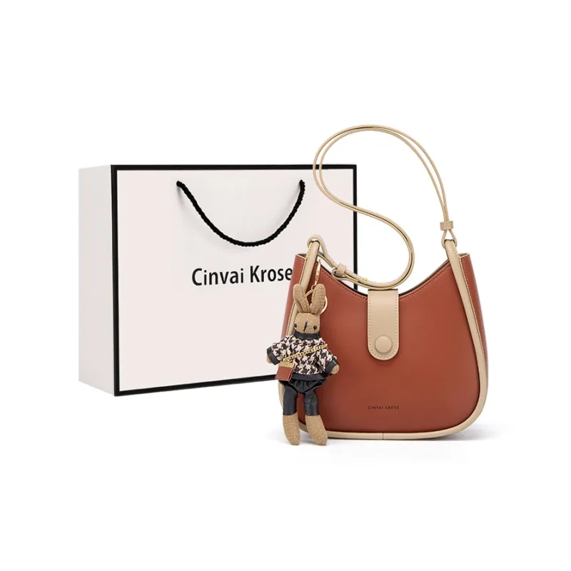 Simvay Clos Cowhide With Microfiber Shoulder Bag Crossbody Bag Crescent Bag Women's Apricot/Brown-8