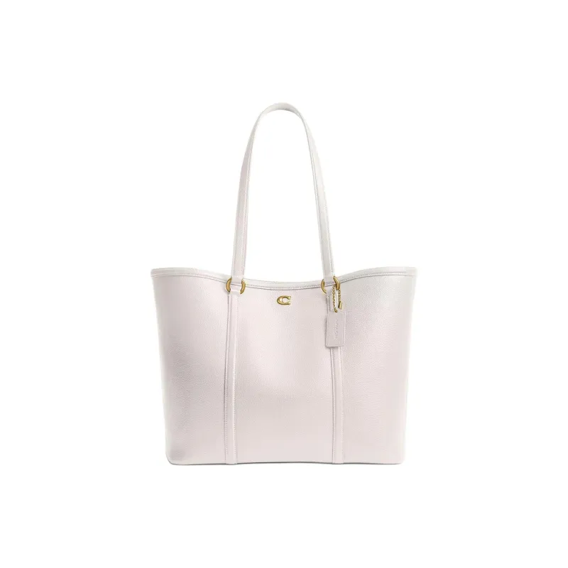 COACH Polished Pebble Leather Tote Bag, Shopping Bag, One Shoulder Handbag Tubas Women's Brass & White-0
