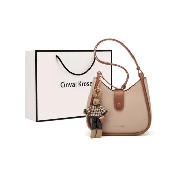 Simvay Clos Cowhide With Microfiber Shoulder Bag Crossbody Bag Crescent Bag Women's Apricot/Brown