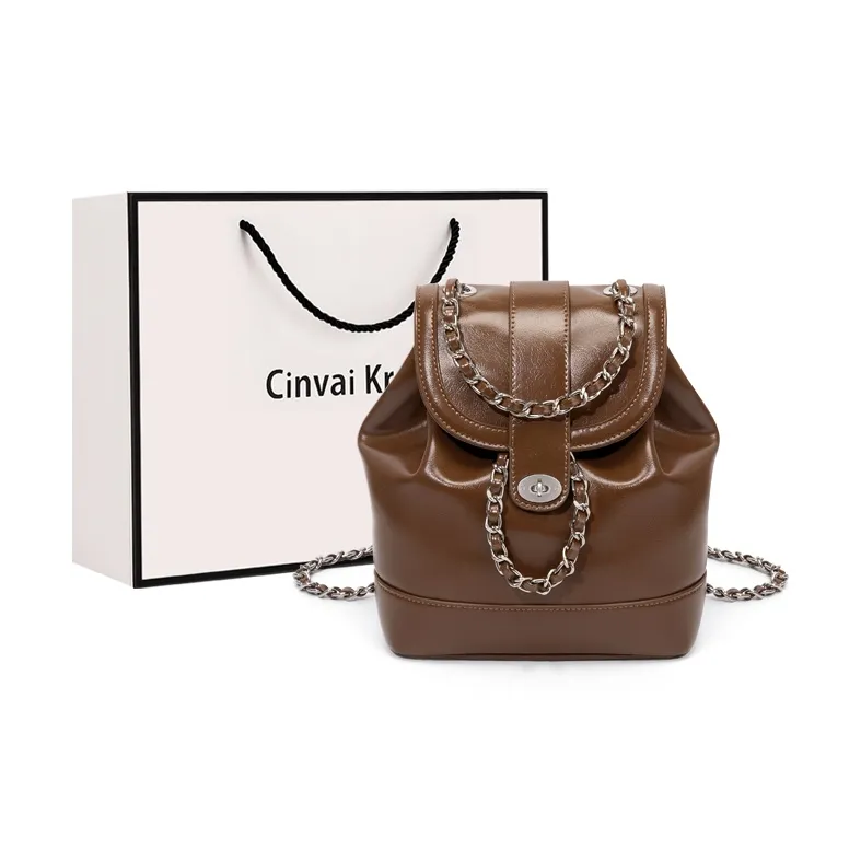 Simvay Clos PU Chain Backpack Medium Size Women's Black/Brown-7