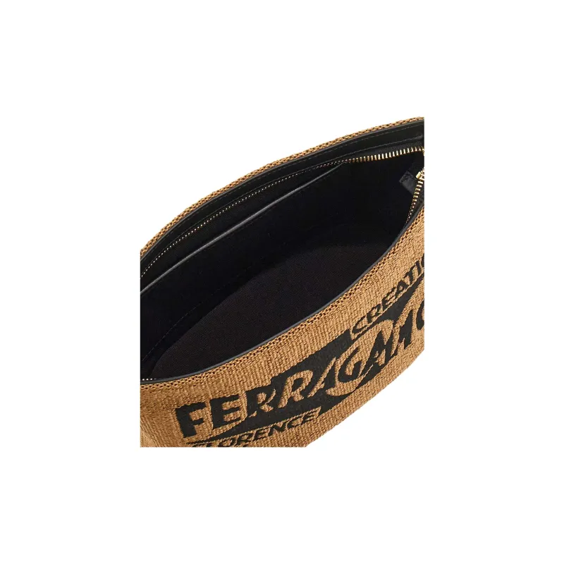 FERRAGAMO Raffia With Calfskin Handbag Women's Honey & Black-5