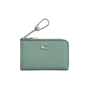 COACH L-Zip Polished Pebbled Leather Keychain Key Pouch Mini Women's Blue Crystal Green