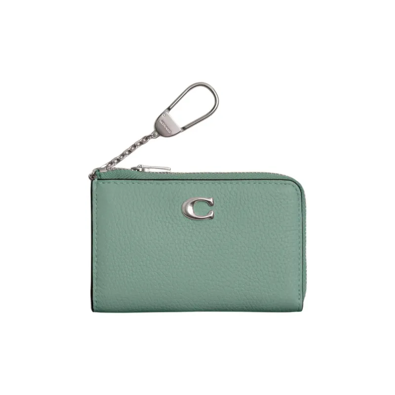 COACH L-Zip Polished Pebbled Leather Keychain Key Pouch Mini Women's Blue Crystal Green-0
