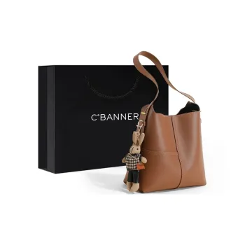 C°BANNER Split Cow Leather With Synthetic Leather Bucket Bag, Commute Shoulder Bag, Handbag Large Size Women's Caramel
