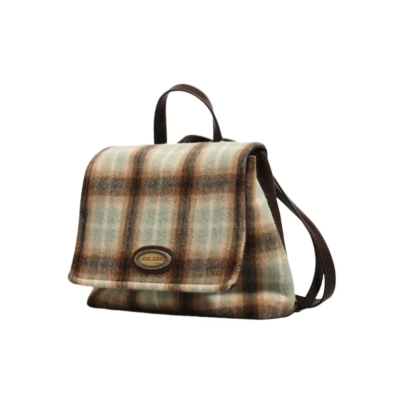 PESASRIE Fleece Handbag Double Shoulder Backpack Regular Women's Coffee-1