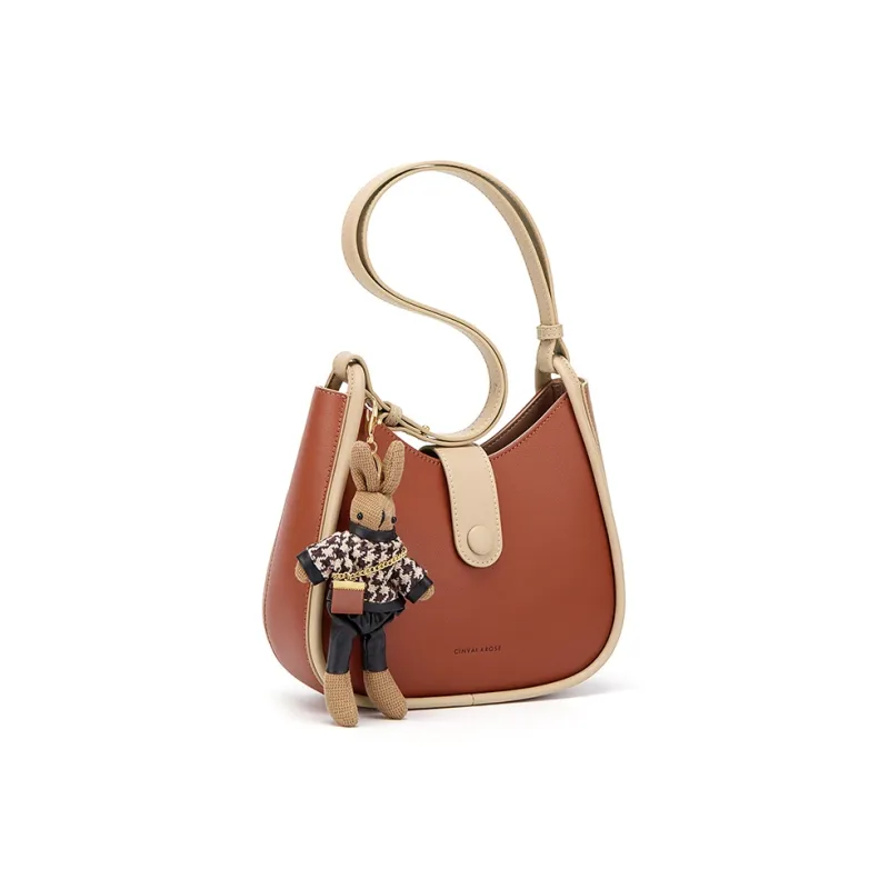 Simvay Clos Cowhide With Microfiber Shoulder Bag Crossbody Bag Crescent Bag Women's Apricot/Brown-9