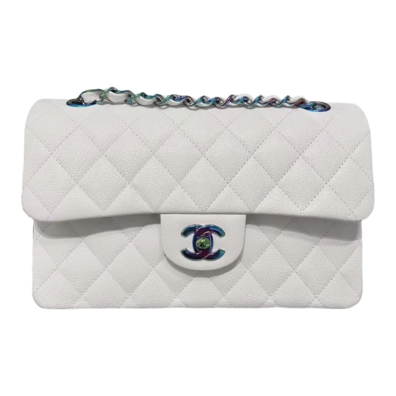 CHANEL Classic Flap CF Embossed Calfskin Crossbody Bag, Shoulder Bag Trumpets Women's White-0