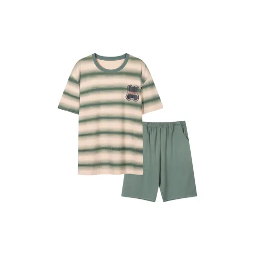 H YXIANG Pajama Set Men's Green Clip Strip