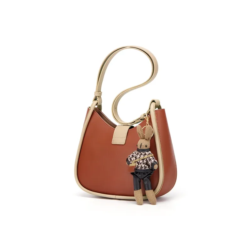 Simvay Clos Cowhide With Microfiber Shoulder Bag Crossbody Bag Crescent Bag Women's Apricot/Brown-10