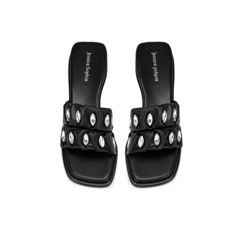 JESSICA SOPHIA Rubber Sole Rhinestone Slip Resistant Abrasion Resistant Slide Slippers Women's Black-3