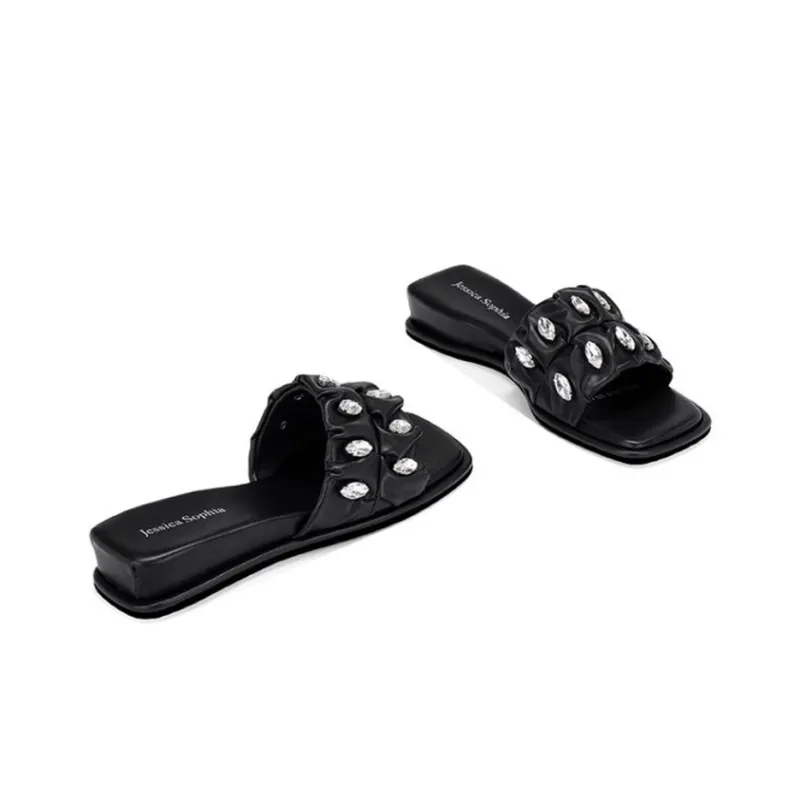 JESSICA SOPHIA Rubber Sole Rhinestone Slip Resistant Abrasion Resistant Slide Slippers Women's Black-2