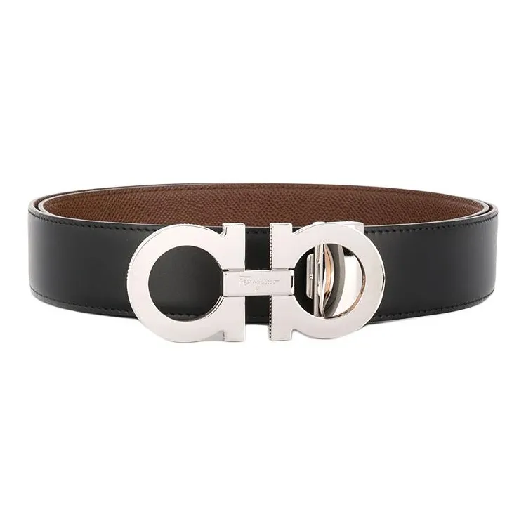 FERRAGAMO Logo Emblem, Smooth Buckle Leather, Metal Leather Belts Men's Black-2