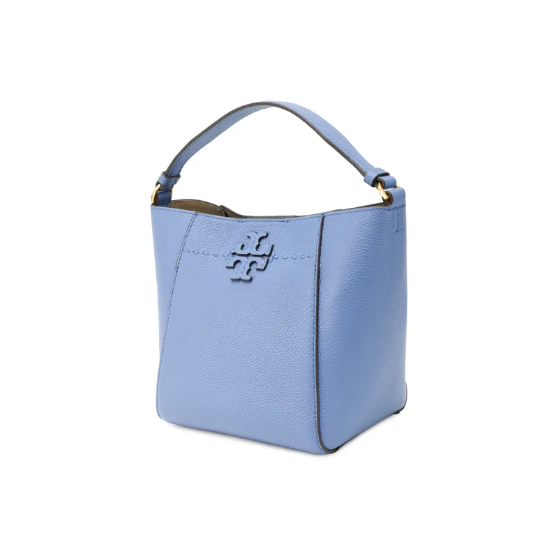 TORY BURCH McGraw Litchi Grain Leather Bucket Bag, One Shoulder Handbag Small Size Women's Blue Wood Color-3