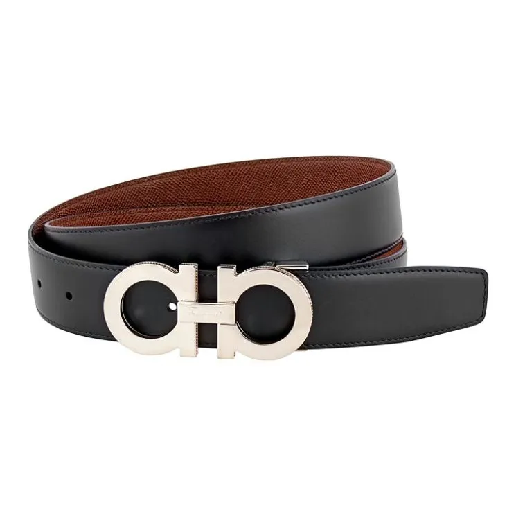 FERRAGAMO Logo Emblem, Smooth Buckle Leather, Metal Leather Belts Men's Black-0