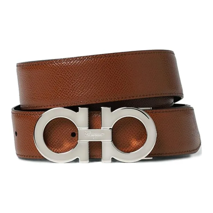 FERRAGAMO Logo Emblem, Smooth Buckle Leather, Metal Leather Belts Men's Black-1