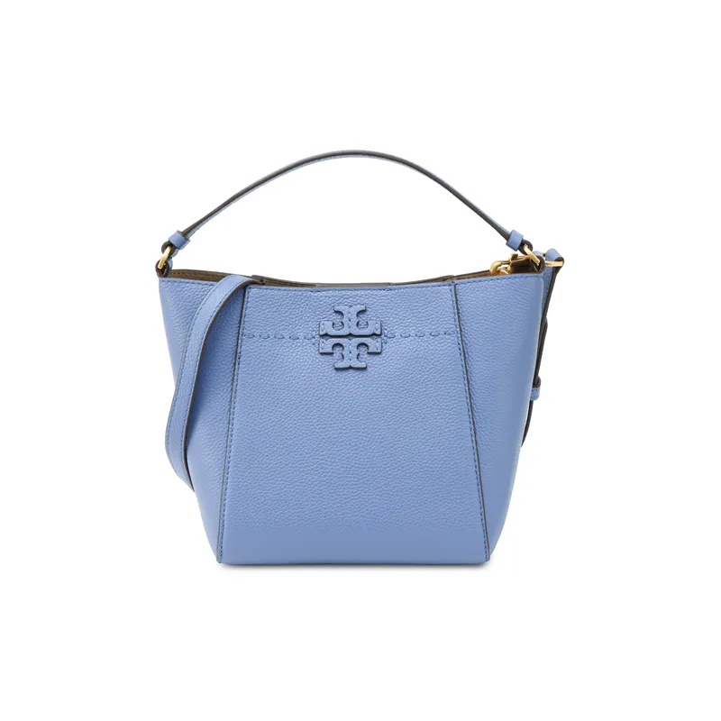 TORY BURCH McGraw Litchi Grain Leather Bucket Bag, One Shoulder Handbag Small Size Women's Blue Wood Color-1