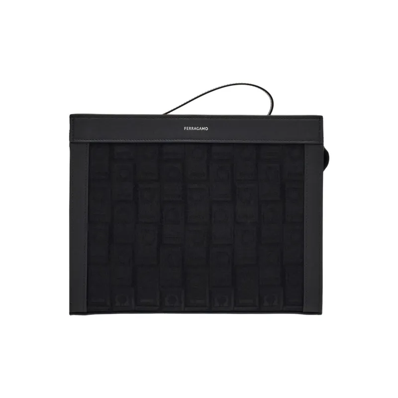 FERRAGAMO Calfskin Textile Clutch Men's Black-0