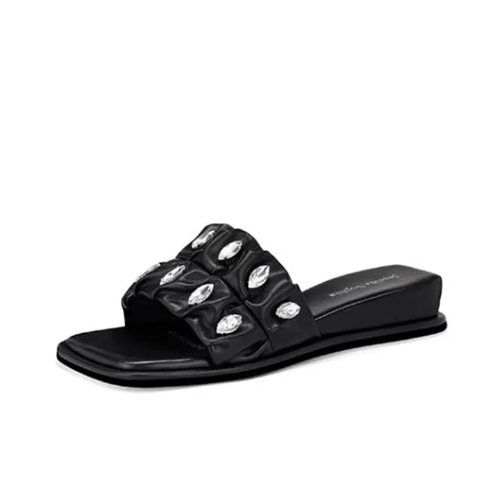 JESSICA SOPHIA Rubber Sole Rhinestone Slip Resistant Abrasion Resistant Slide Slippers Women's Black-0