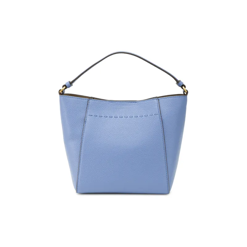 TORY BURCH McGraw Litchi Grain Leather Bucket Bag, One Shoulder Handbag Small Size Women's Blue Wood Color-4