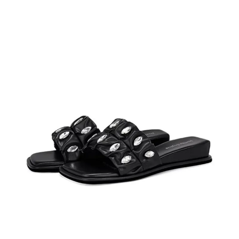 JESSICA SOPHIA Rubber Sole Rhinestone Slip Resistant Abrasion Resistant Slide Slippers Women's Black-1