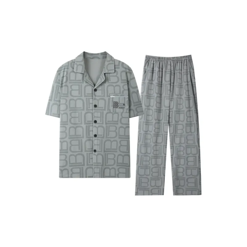 H YXIANG Pajama Set Men's Gray Green-0