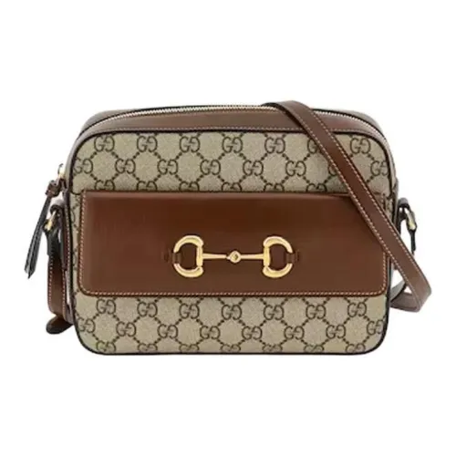 GUCCI Horsebit 1955 Canvas With Leather Camera Bag Crossbody Bag, Shoulder Bag Trumpets Women's Ebony