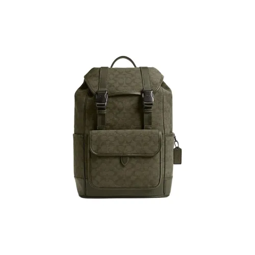 COACH League Fabric Cow Leather Patchwork Backpack Large Size Men's Army Green