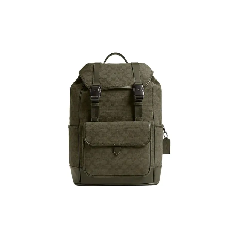 COACH League Fabric Cow Leather Patchwork Backpack Large Size Men's Army Green-0