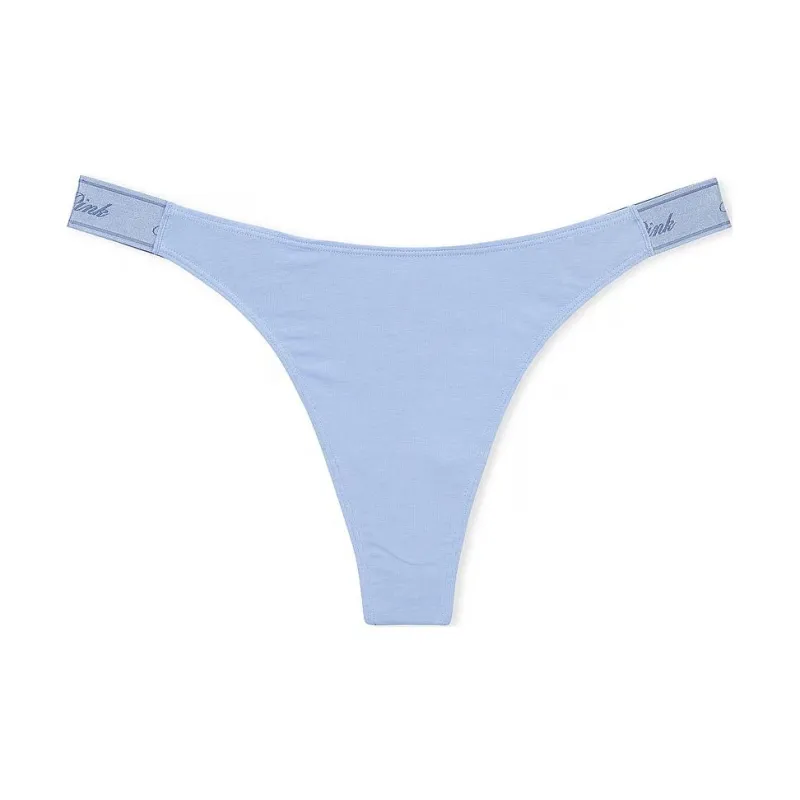Victoria's Secret PINK LOGO COTTON HIGH-LEG THONG PANTY / Harbor Blue Underpants Women's 1 Pack Blue-0