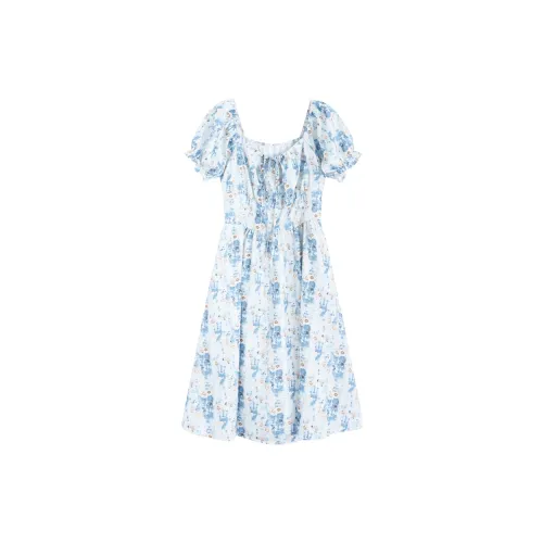 Garbege Short-Sleeved Dresses Women's Blue Floral Pattern